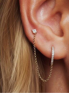 14k Solid Gold Double-Piercing Diamond Chain Earrings Celebrity Stylist Curated
